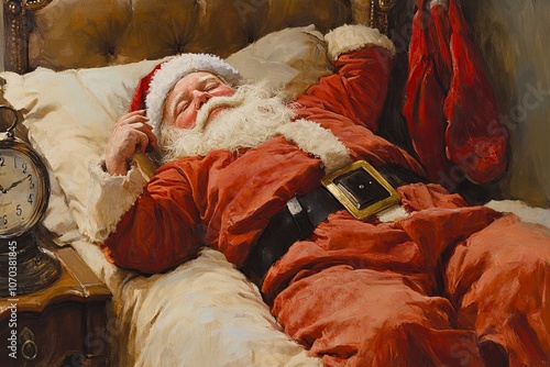 Santa Claus resting comfortably in a cozy bedroom after delivering gifts on Christmas Eve. Generative AI