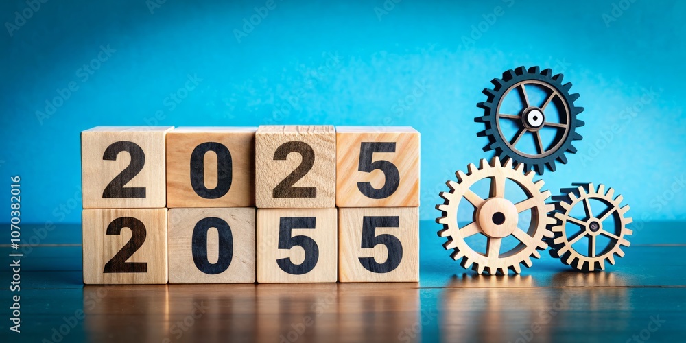 Happy 2025 New Year Celebrating Teamwork and Success with Calendar Blocks and Cogwheels on Blue Background for Progress Management Concept Happy 2025 New Year Celebrating Teamwork and Success with Calendar Blocks and Cogwheels on Blue Background for Progress Management Concept
