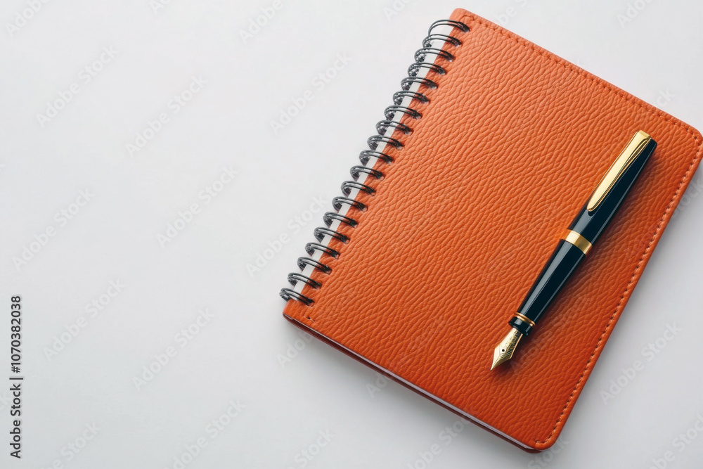 Minimalist leather notebook cover with a fountain pen on a clean desk surface Minimalist leather notebook cover with a fountain pen on a clean desk surface