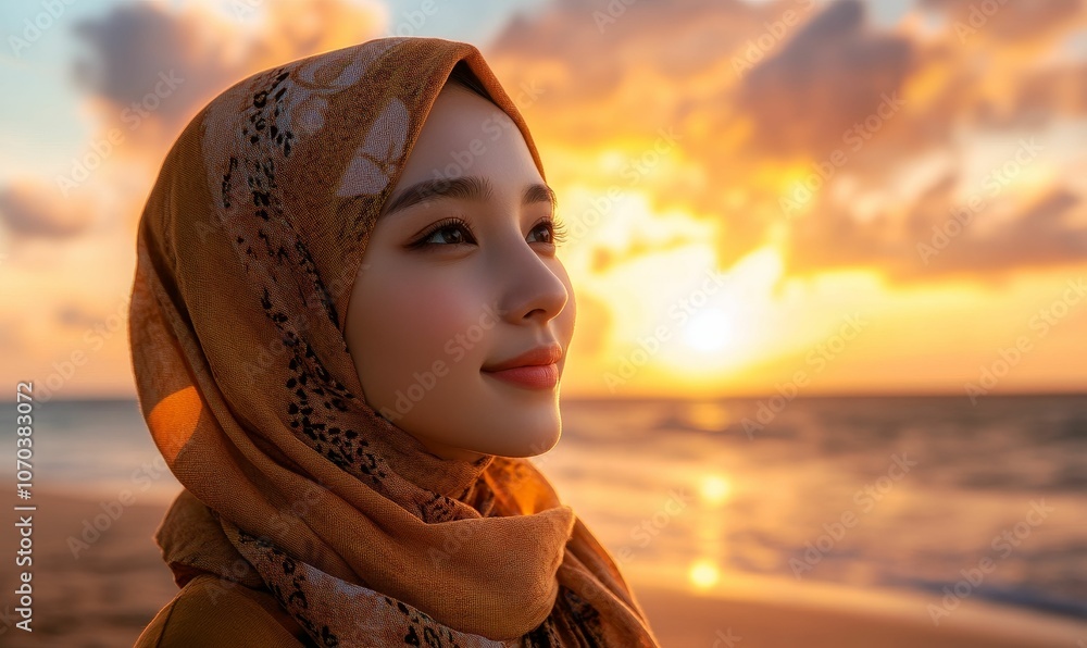 Woman in headscarf gazing at sunset over ocean. Woman in headscarf gazing at sunset over ocean.