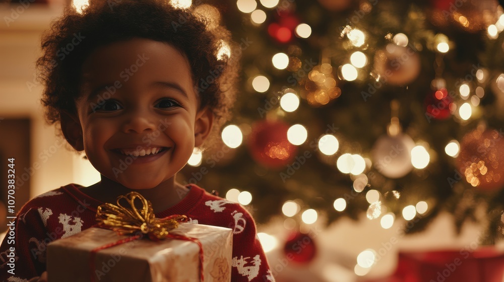A young child smiles brightly while holding a wrapped present. The festive atmosphere includes a decorated Christmas tree with twinkling lights, creating a joyful holiday scene. A young child smiles brightly while holding a wrapped present. The festive atmosphere includes a decorated Christmas tree with twinkling lights, creating a joyful holiday scene.