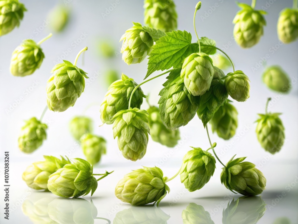 Hops Suspended in Mid Air Against a Clean White Backdrop Showcasing Natural Beauty and Freshness, Perfect for Brewing and Culinary Themes in Stock Photography Hops Suspended in Mid Air Against a Clean White Backdrop Showcasing Natural Beauty and Freshness, Perfect for Brewing and Culinary Themes in Stock Photography