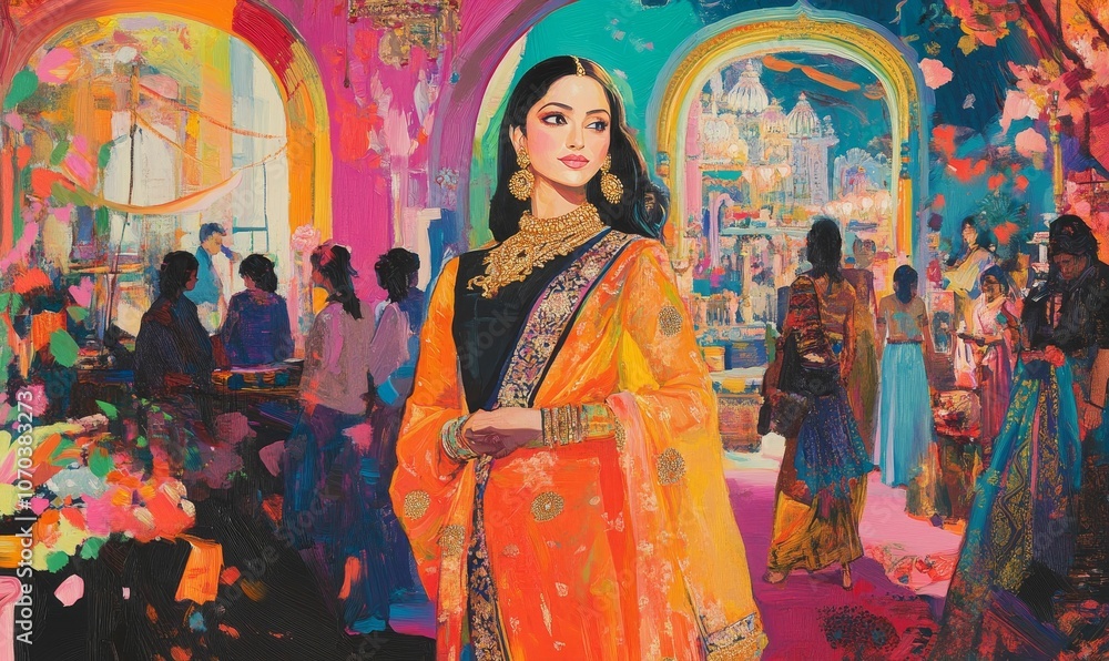 Fototapeta premium A colorful painting of a woman in a sari.