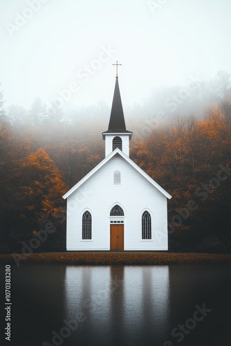 Solitary White Church with Steeple Reflected in a Tranquil Lake on a Misty Autumn Day.