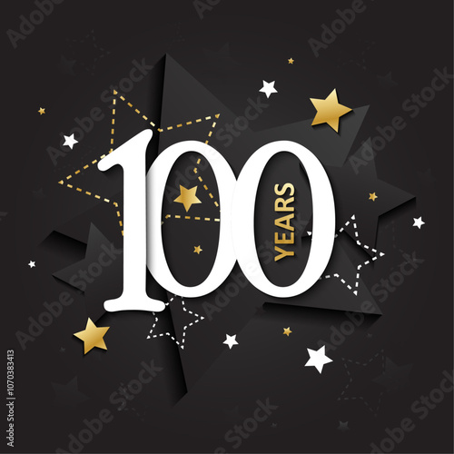 100 YEARS metallic gold and black vector typography card with stars