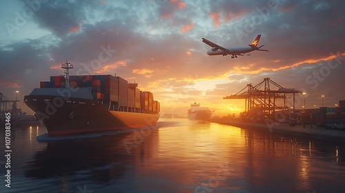 A cargo ship truck and plane in the background photo