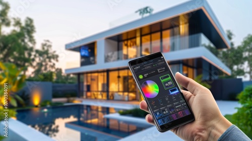 A person managing home energy through a smartphone app while enjoying a solar-powered house at dusk, surrounded by greenery and a swimming pool