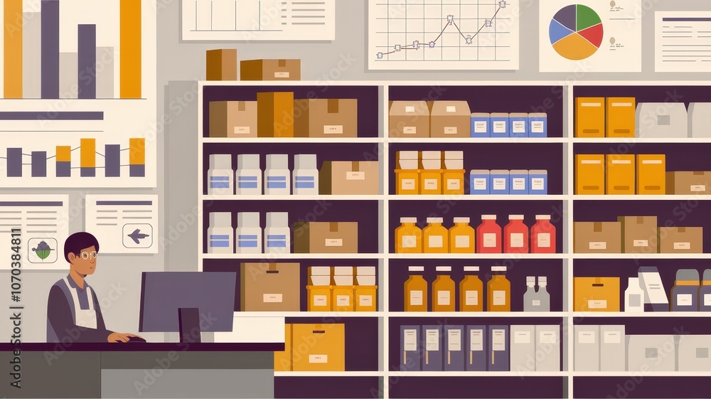 Stockroom Illustration with Organized Shelves and Goods Stockroom Illustration with Organized Shelves and Goods