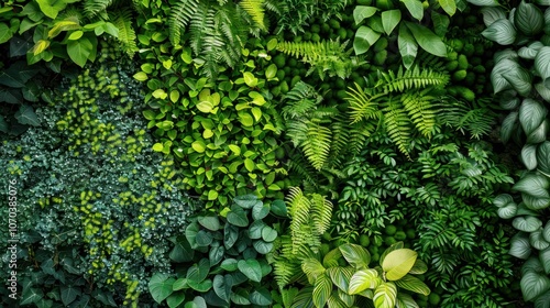 Green wall with various plants and leaves, Green plants background arranged vertically