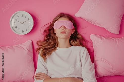 Girl with a sleep mask surrounded by a pillow and alarm clock on a pink background. A cozy, restful scene. photo