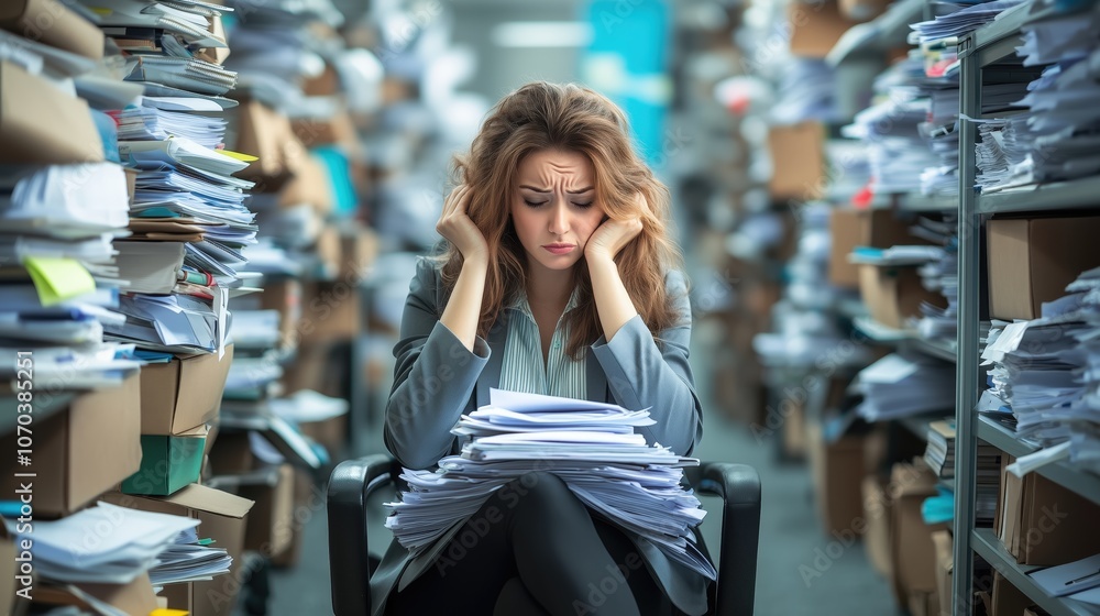 Female Executive Overwhelmed by Paperwork in Office Female Executive Overwhelmed by Paperwork in Office