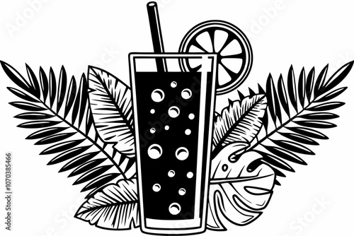 Refreshing Drink Illustration with Tropical Leaves and Citrus Slice. Stylish Black and White Cocktail Illustration with Citrus Slice and Leaves. Mocktail silhouette linocut vector art illustration. 