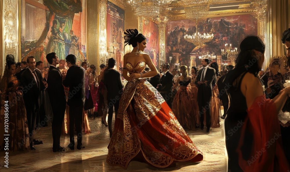 Obraz premium A woman in a grand gown at a formal ball.
