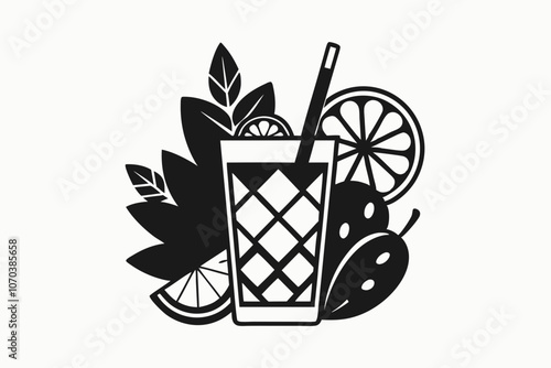 Refreshing Drink Illustration with Tropical Leaves and Citrus Slice. Stylish Black and White Cocktail Illustration with Citrus Slice and Leaves. Mocktail silhouette linocut vector art illustration. 