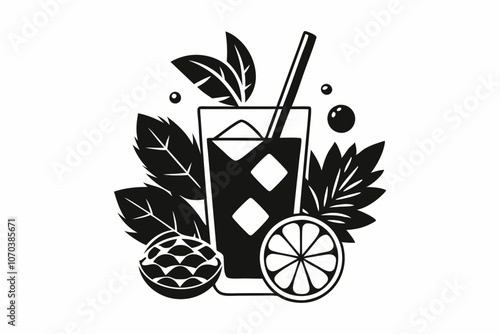 Refreshing Drink Illustration with Tropical Leaves and Citrus Slice. Stylish Black and White Cocktail Illustration with Citrus Slice and Leaves. Mocktail silhouette linocut vector art illustration. 