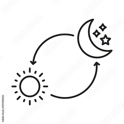 Day And Night Cycle Line Icon. Sun And Moon With Arrows Representing Time Transition Outline Symbol. Daytime And Nighttime Change. Editable Stroke. Isolated Vector Illustration
