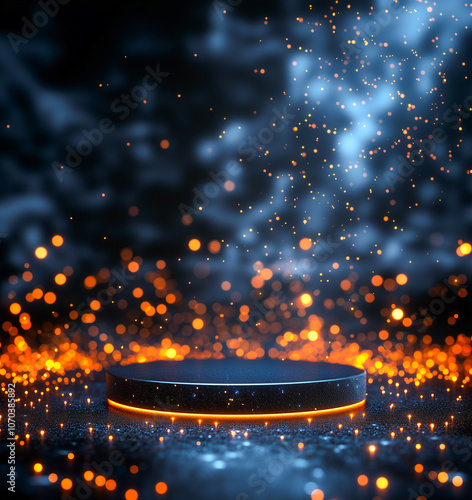 Luxury round black podium for showing product advertisement concept, Photo by AI generative.