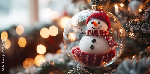 Snowman inside crystal ball with tree pine snow on beautiful background for merry Christmas and happy new year concept, Photo by AI generative.