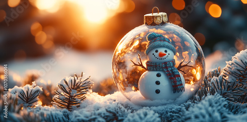 Snowman inside crystal ball with tree pine snow on beautiful background for merry Christmas and happy new year concept, Photo by AI generative.
