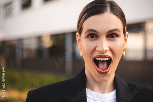 Close up excited shocked face woman girl female looking at camera wow surprised businesswoman amaze emotional open mouth employer business student enjoy victory win good news outdoors near office.