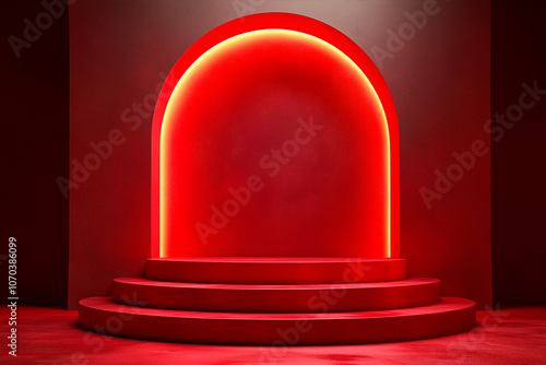 Luxury round red podium for showing product advertisement concept, Photo by AI generative.