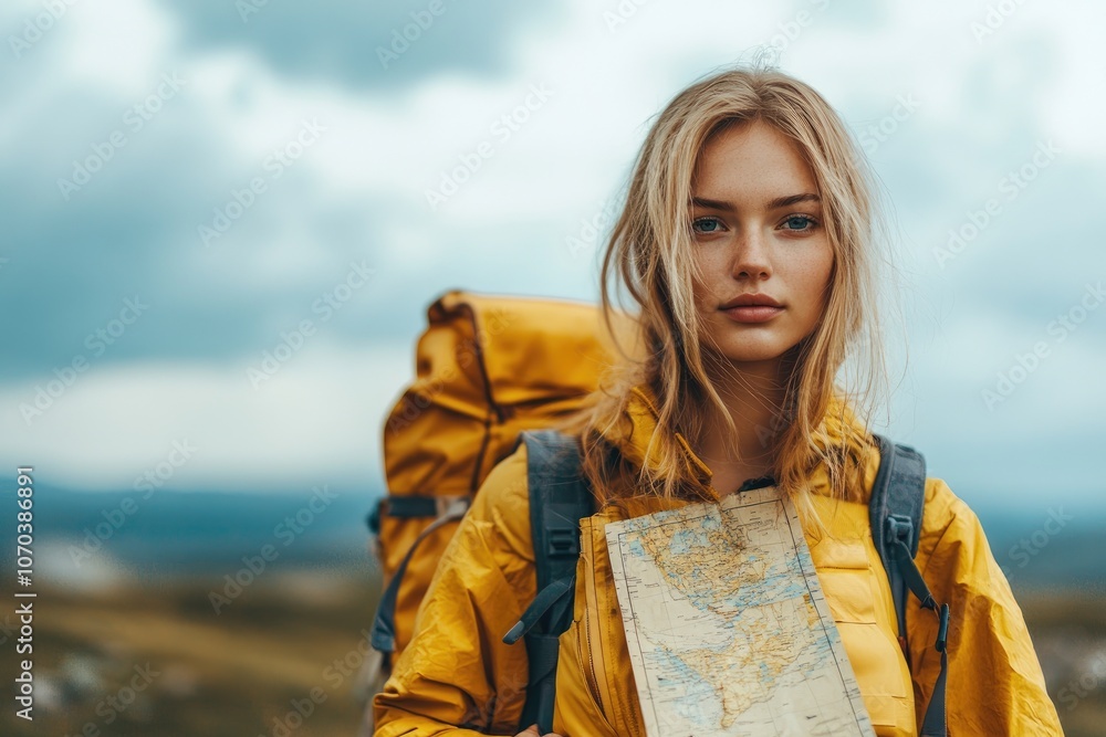 Young hiker woman holding map and wearing backpack exploring mountains Young hiker woman holding map and wearing backpack exploring mountains