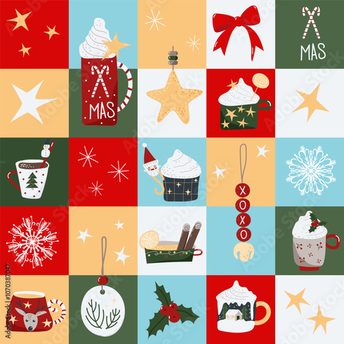 Christmas and New Year quilt vector seamless background, patchwork pattern with warm drinks cups, tea, coffee, cacao and decorations, holly plant, snowflakes, stars, bow. 
