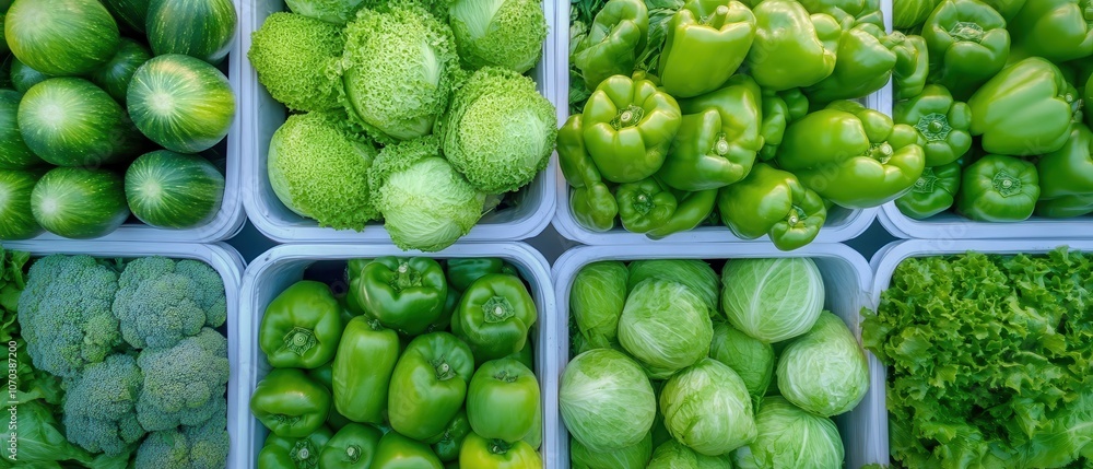 A variety of green vegetables are displayed in white containers A variety of green vegetables are displayed in white containers