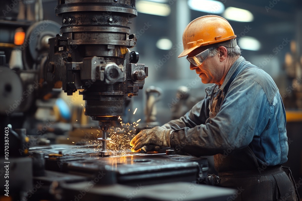 Factory worker operating heavy machinery, creating sparks in industrial setting Factory worker operating heavy machinery, creating sparks in industrial setting