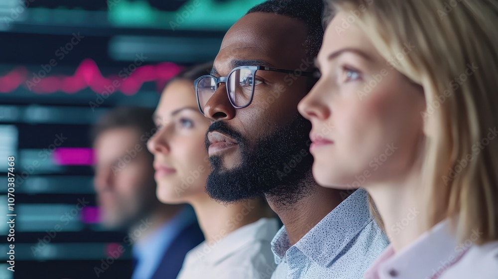 A diverse corporate team working together on global business analytics and metrics displayed on digital screens in their office workspace A diverse corporate team working together on global business analytics and metrics displayed on digital screens in their office workspace