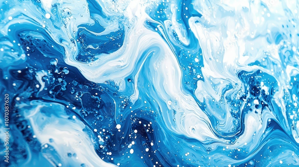 Abstract blue and white marbled background with silver glitter.