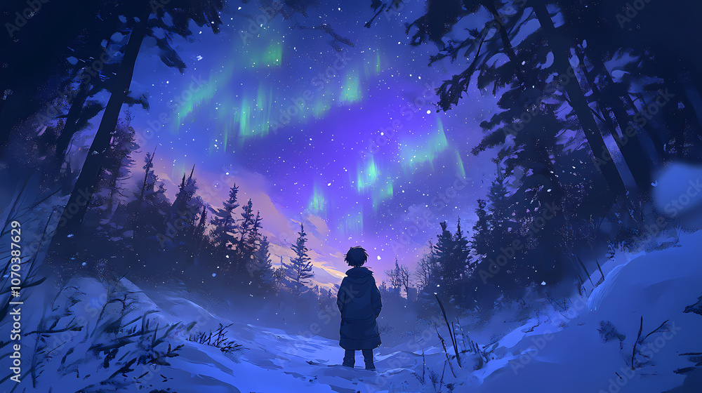 A majestic aurora borealis display illuminates the night sky above a snowy forest. Majestic. Illustration A majestic aurora borealis display illuminates the night sky above a snowy forest. Majestic. Illustration