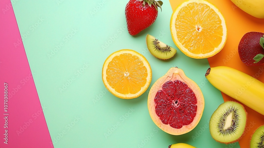 Colorful Arrangement of Fresh Fruits on Vivid Backgrounds Colorful Arrangement of Fresh Fruits on Vivid Backgrounds