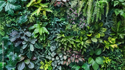 Green wall with various plants and leaves, Green plants background arranged vertically