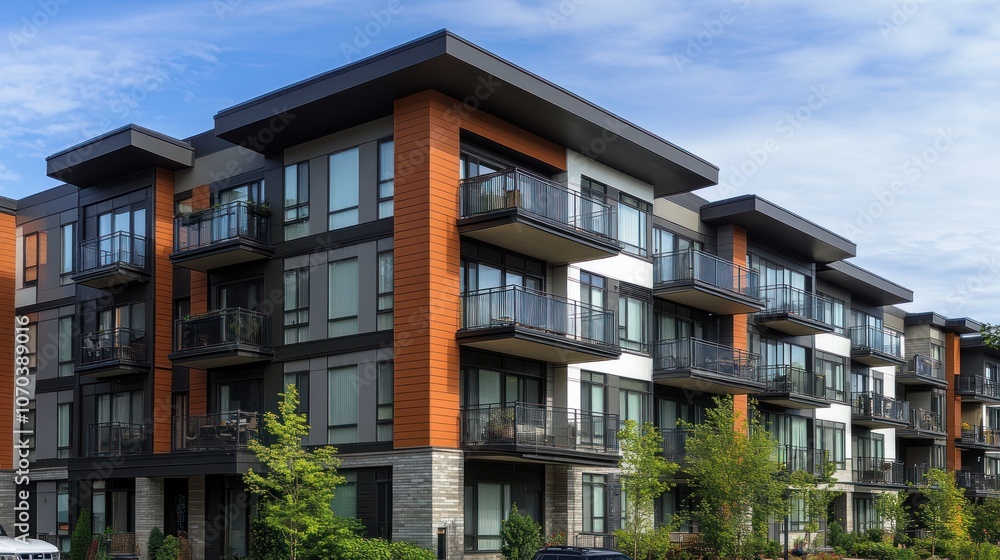 Modern apartment building featuring balconies and greenery. Modern apartment building featuring balconies and greenery.