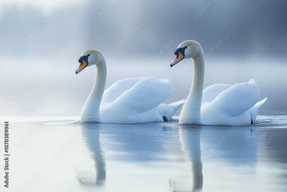 Two elegant swans swimming on a misty lake Two elegant swans swimming on a misty lake