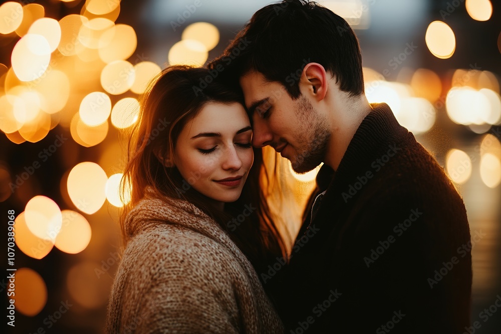 Couple embracing with warm lights behind Couple embracing with warm lights behind