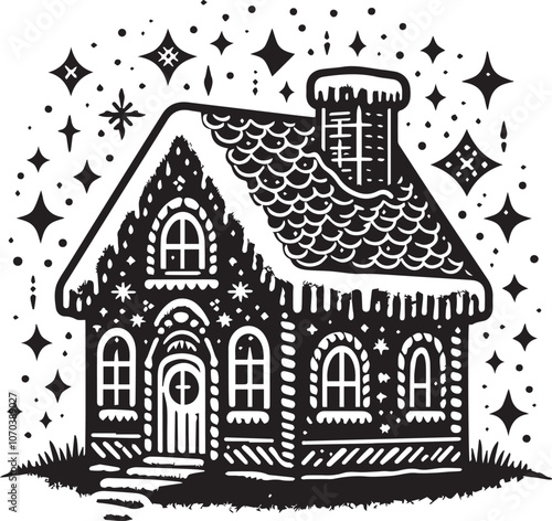 Charming Black and White Gingerbread House for the Holidays. This charming black and white illustration features a classic gingerbread house decorated with snowflakes and icing.