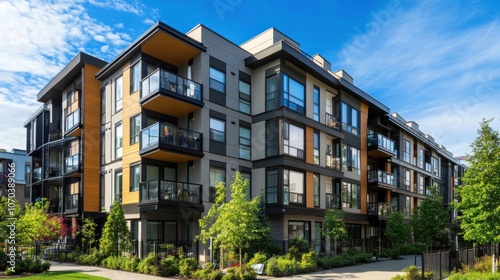 Modern apartment building with balconies and greenery in a sunny urban setting.