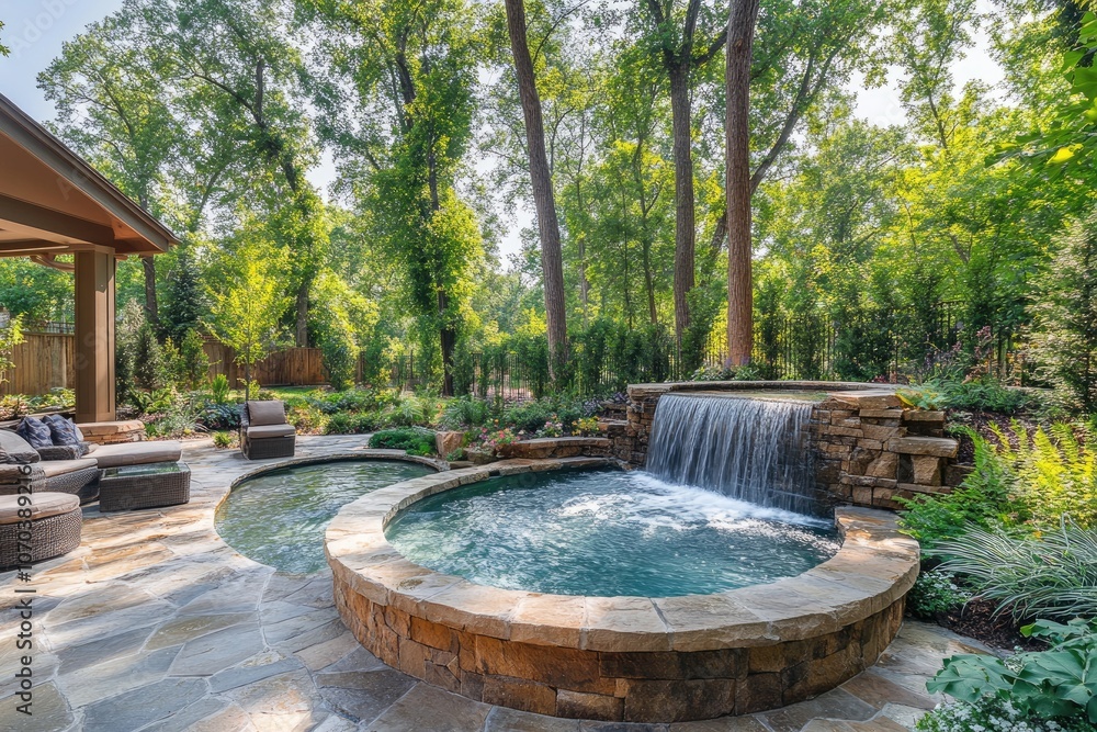 Fototapeta premium Luxurious backyard spa with waterfall cascading into pool on sunny day