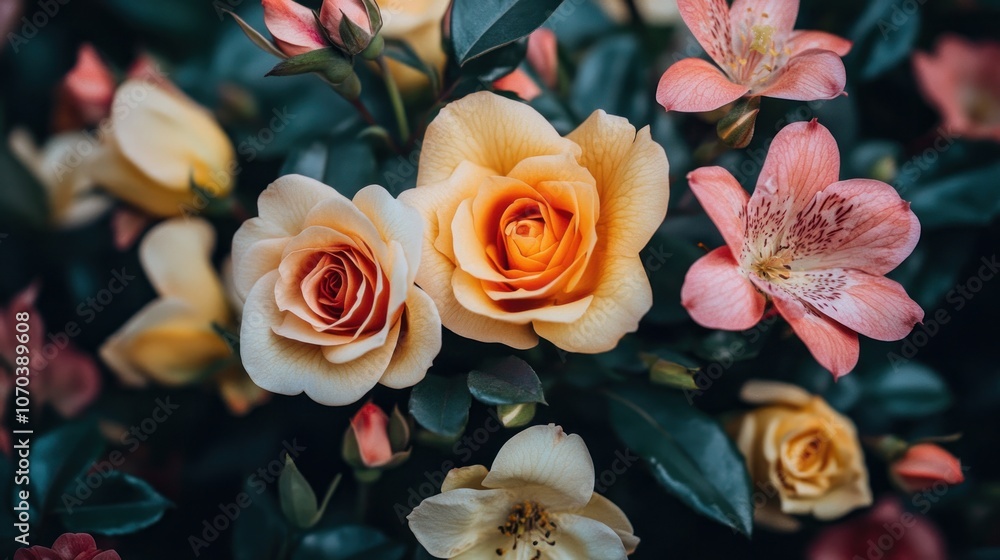 Fototapeta premium A close-up shot of yellow roses and pink flowers in a lush garden.