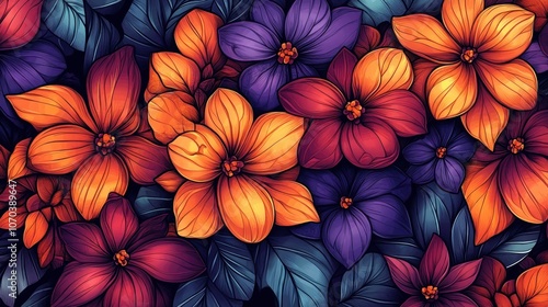 Wallpaper Mural A vibrant floral pattern with orange, red, and purple flowers on a dark background. Torontodigital.ca