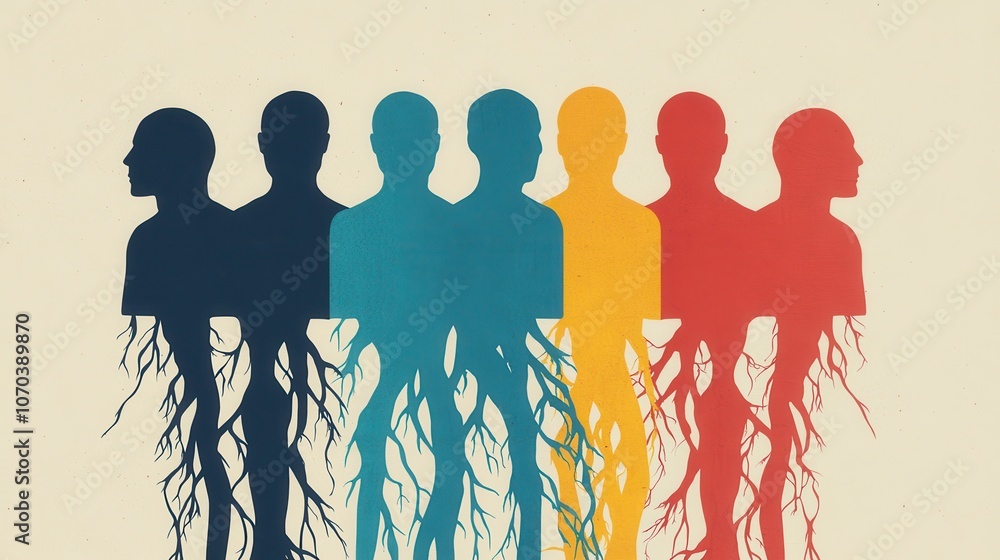Diverse human silhouettes with intertwined roots representing the ...