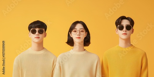 Three stylish individuals in sunglasses wear patterned shirts against a vibrant yellow background, exuding a modern fashion vibe.