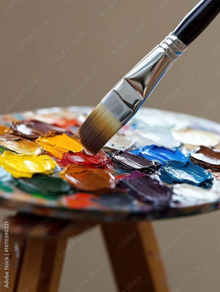 Close-up of Paintbrush Dipping into Palette of Colors Close-up of Paintbrush Dipping into Palette of Colors