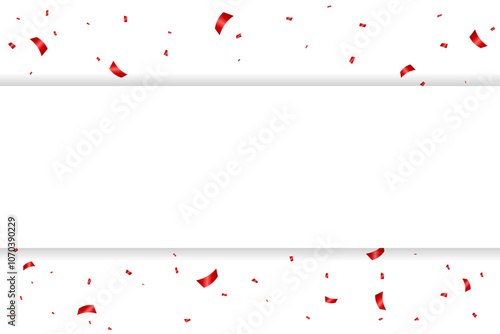 Red Confetti And Streamer Ribbon With White Frame. Vector Illustration. Copy Space