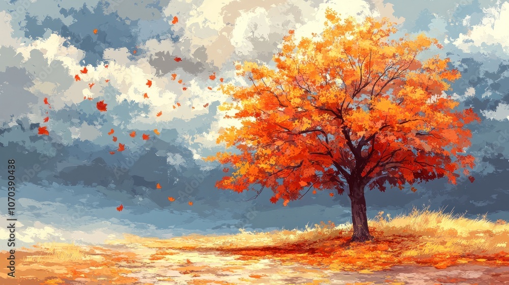 A single tree with vibrant orange leaves stands against a cloudy sky, with fallen leaves scattered on the ground. A single tree with vibrant orange leaves stands against a cloudy sky, with fallen leaves scattered on the ground.