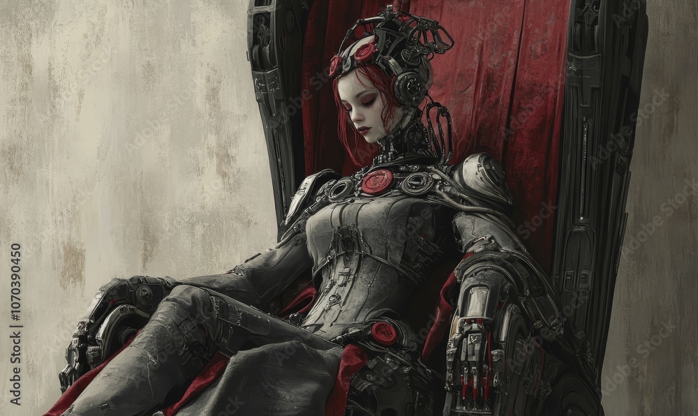 A robotic woman sits in a throne. A robotic woman sits in a throne.