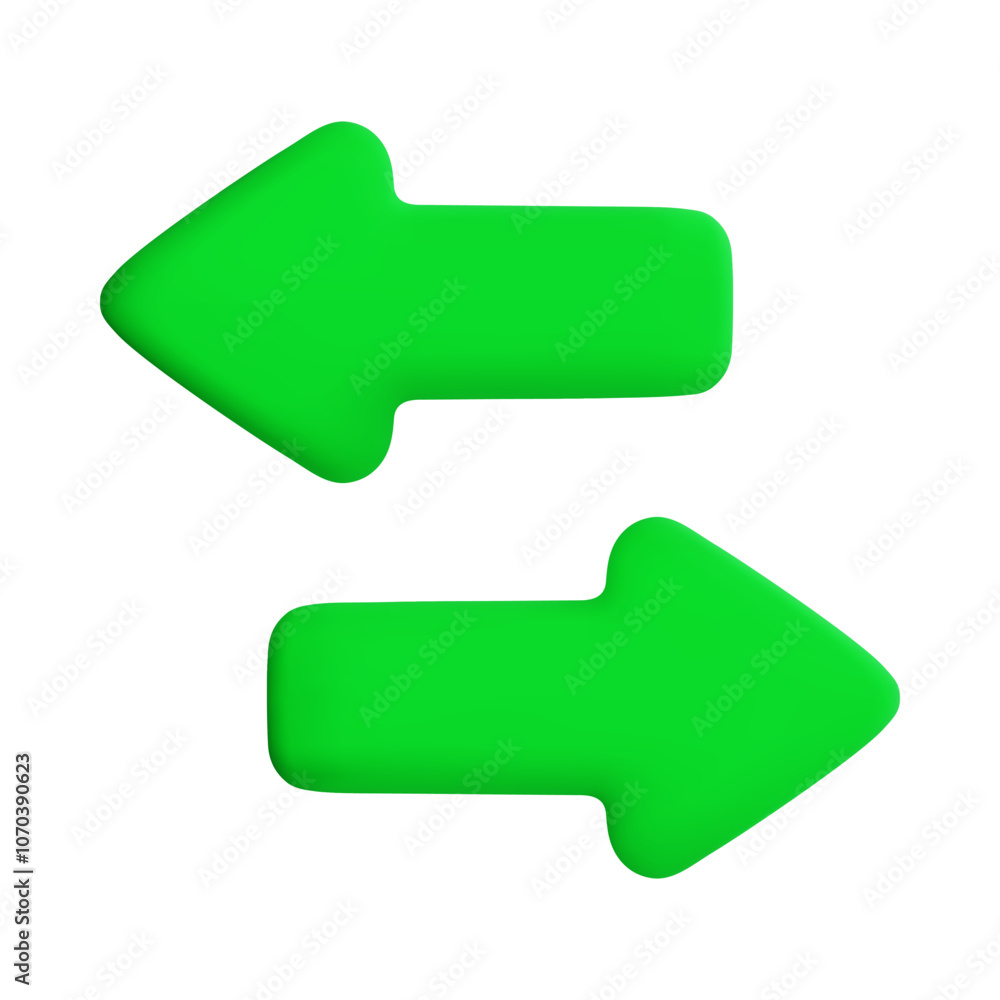 Vector cartoon 3d horizontal oncoming arrows. Cute realistic render of green right and left arrow different opposite direction. Input output process symbol, business or road sign. Vector cartoon 3d horizontal oncoming arrows. Cute realistic render of green right and left arrow different opposite direction. Input output process symbol, business or road sign.