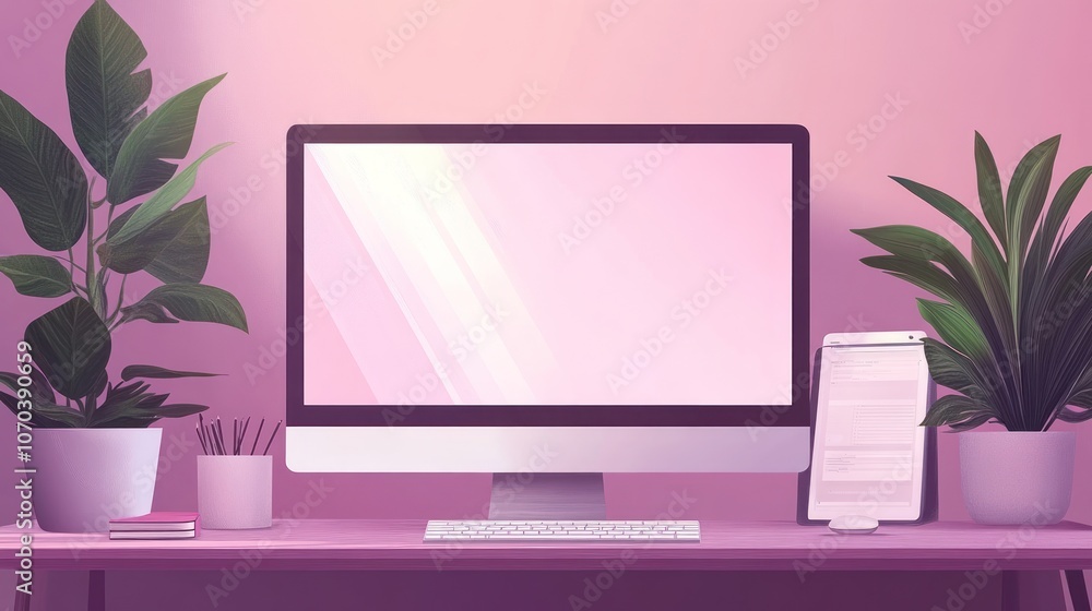 A desktop computer with a blank screen, keyboard, mouse, and plants on a desk with a pink wall in the background. A desktop computer with a blank screen, keyboard, mouse, and plants on a desk with a pink wall in the background.